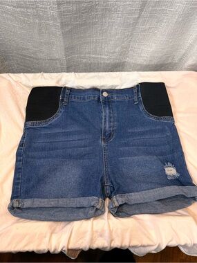 SHEIN Blue Denim Maternity Shorts with Black Stretch Panels size large